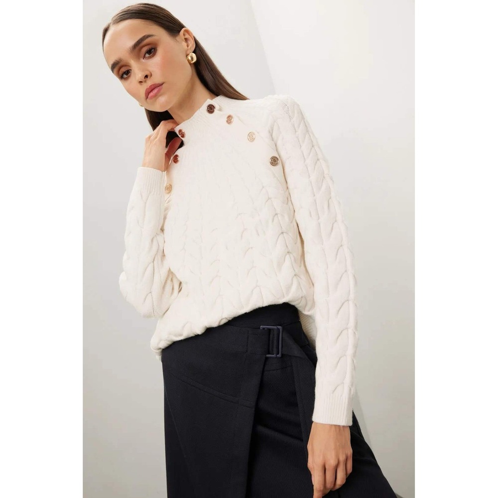 Maje Button Cable Knit Sweater Off White Mock Neck Jumper Sz 8 US (3 Maje)